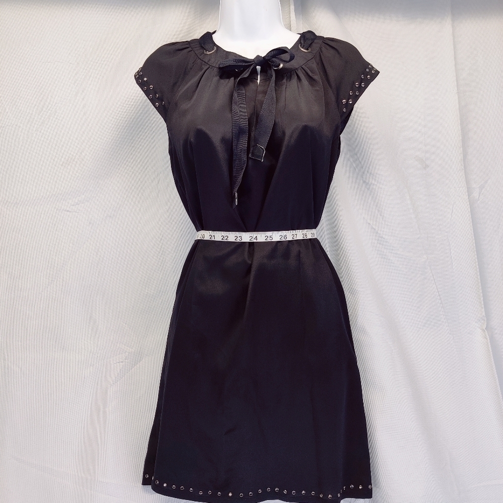 Staccato Black Silky Dress Cap Sleeve Above Knee Laced Tie Bow Collar Studs
